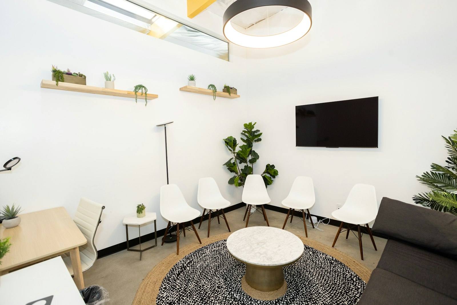 Bright, calm counseling office waiting area with plants